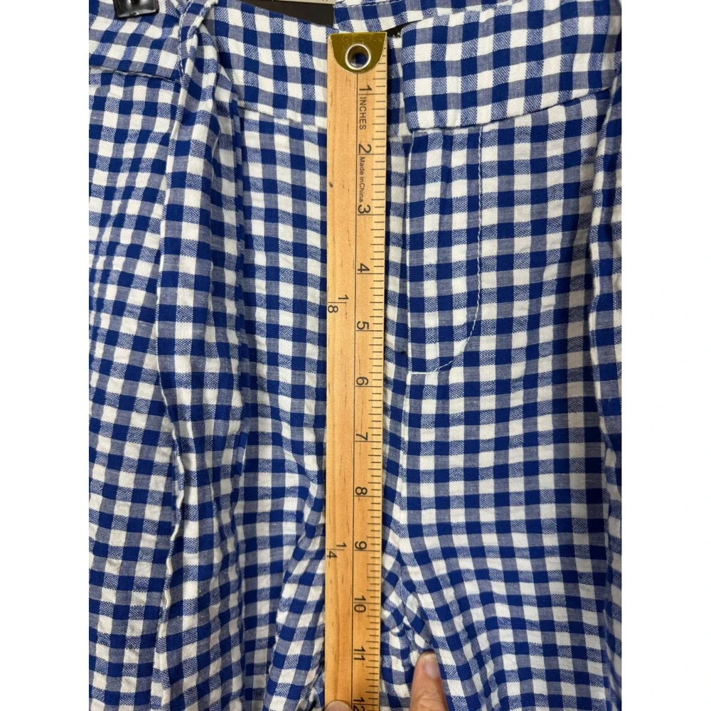 Banana Republic Women Cotton Linen Pants 0 Blue Gingham Tie Waist Tapered Leg